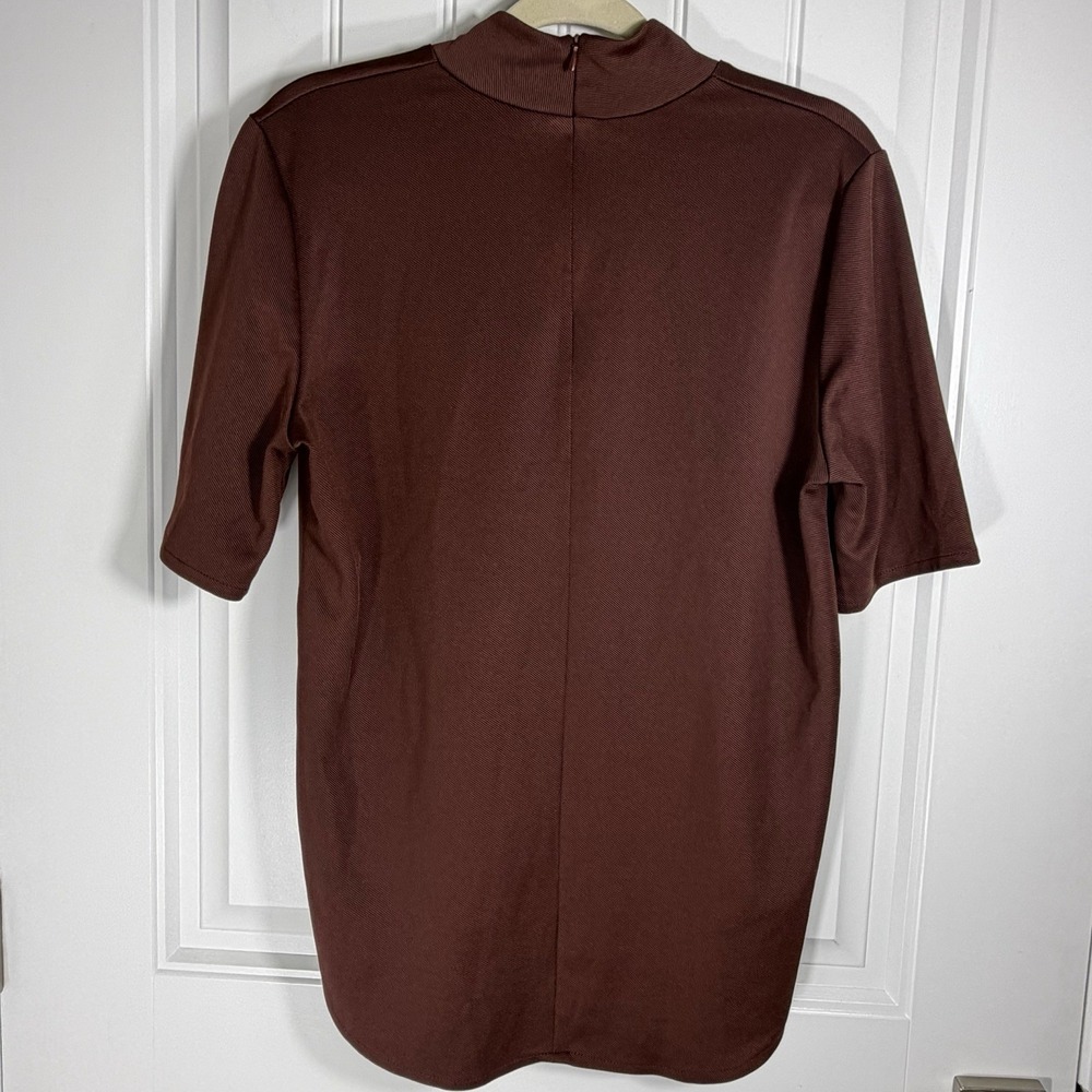 Zara Women's Medium Chocolate Brown Mock Neck Short Sleeve High Low Top - Picture 4 of 7